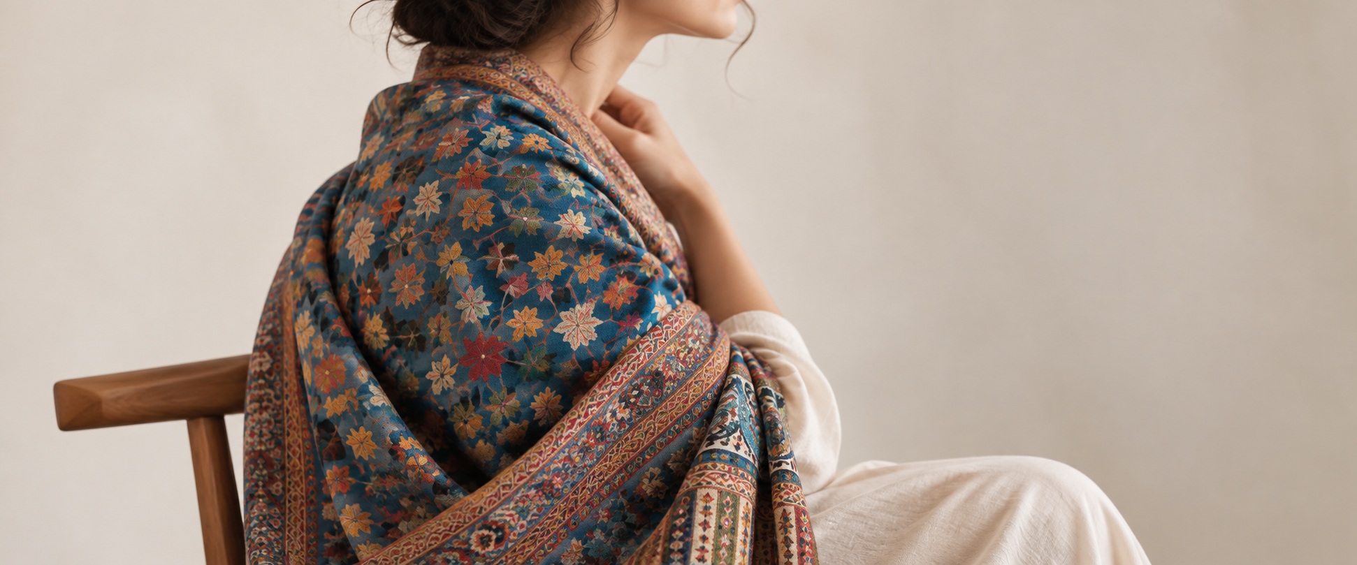 A model wearing a patterned shawl