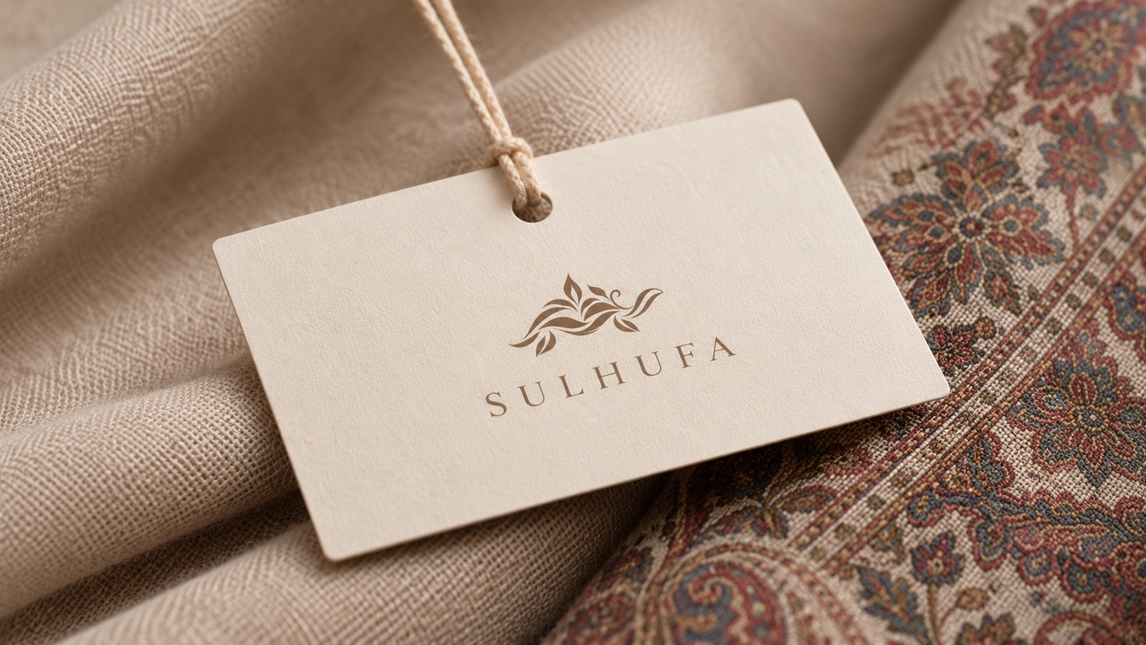 Sulhufa label on soft fabric beside a patterned pashmina